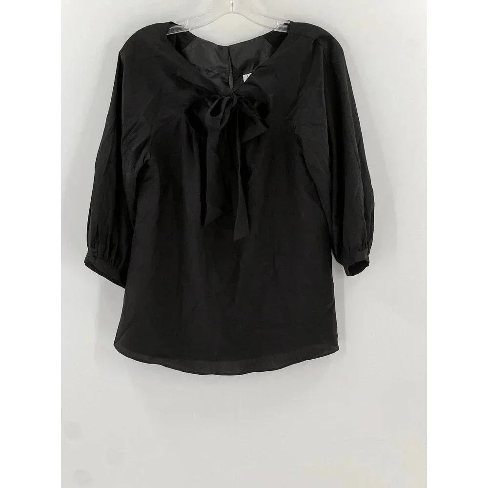 Leona by Lauren Leonard Gorgeous Black 100% Silk Neck Tie Blouse USA Made EUC